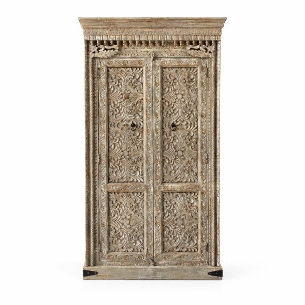 Carved Almari Cabinet – Whitewashed Wood