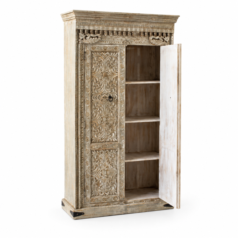 Carved Almari Cabinet – Whitewashed Wood