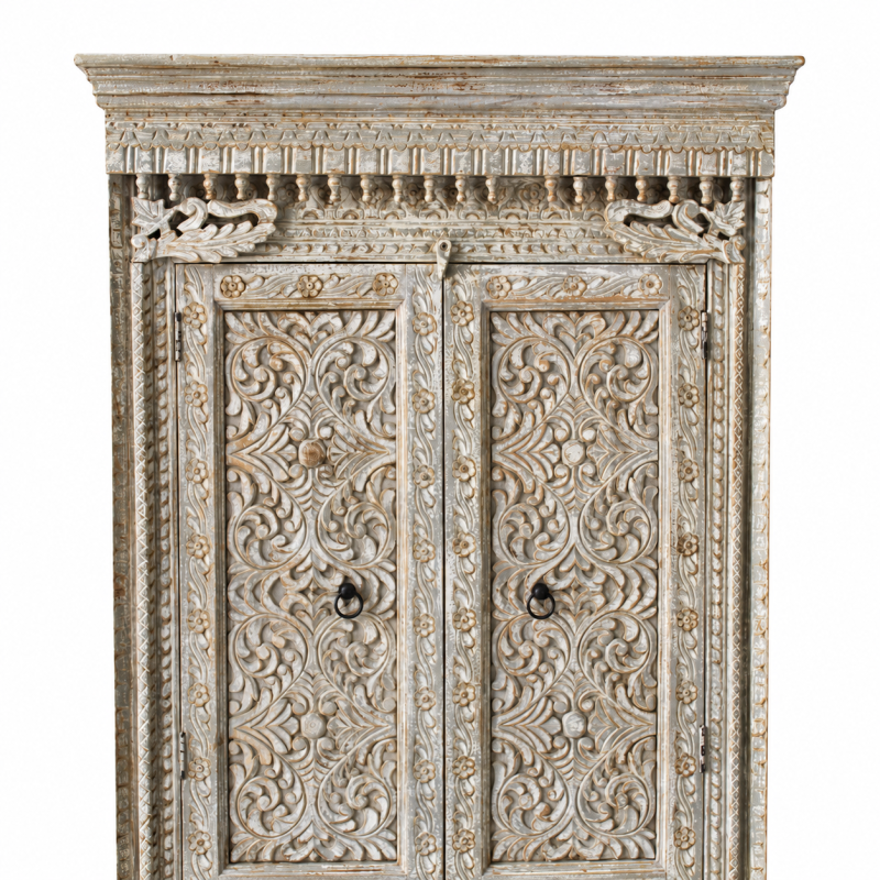 Carved Almari Cabinet – Whitewashed Wood
