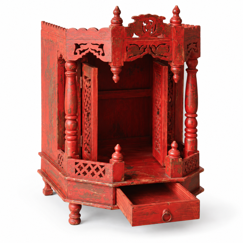 Carved Wooden Mandir Temple – Red