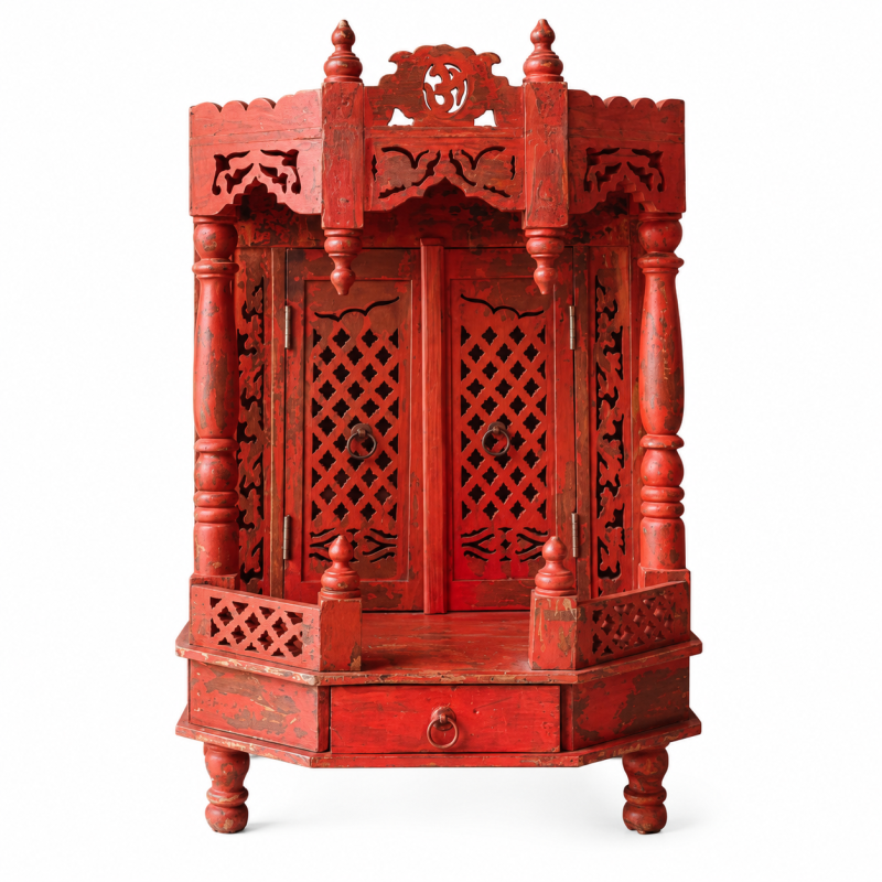 Carved Wooden Mandir Temple – Red