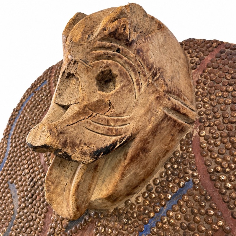 Hand-Carved Kuba Tribal Bench with Lion Head