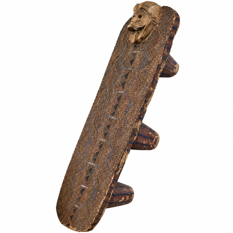 Hand-Carved Kuba Tribal Bench with Lion Head