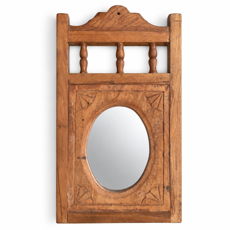 Carved Wooden Mirror with Spindle Crest