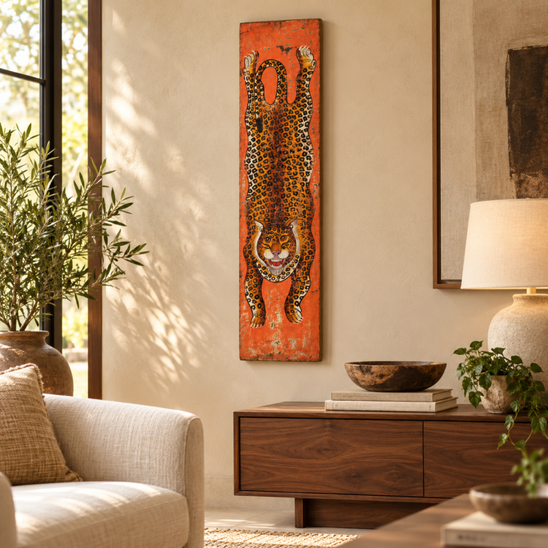 Hand-Painted Leopard Vertical Panel – Orange