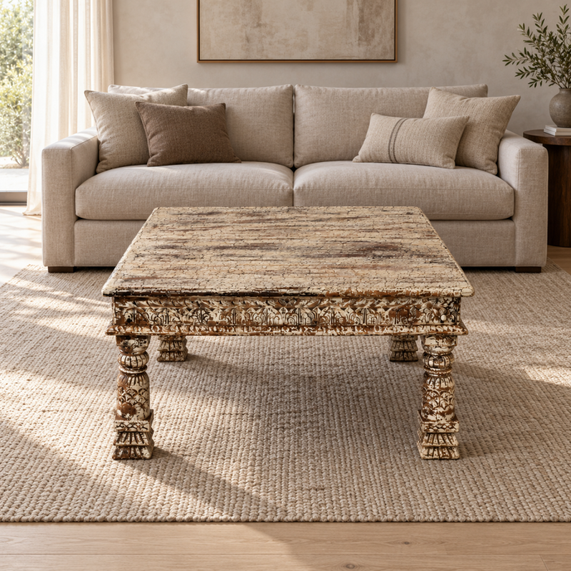 Square Carved Coffee Table – Aged Wood