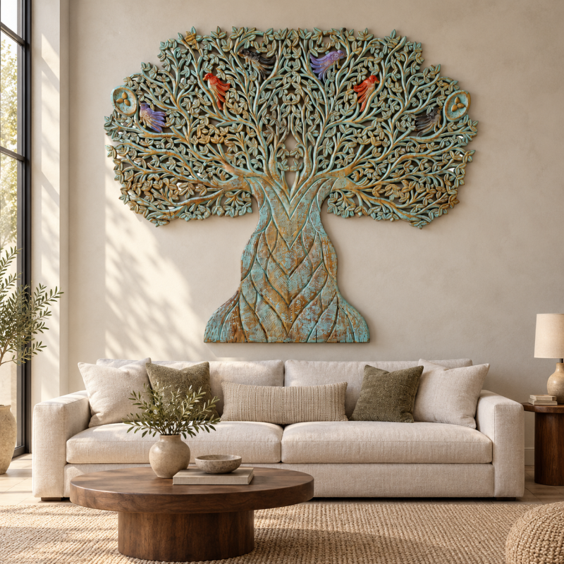 Tree of Life Carved Wall Panel – Turquoise Patina