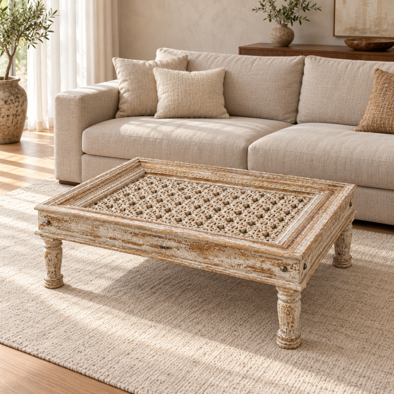 Jali Glass-Top Coffee Table – Whitewashed Wood