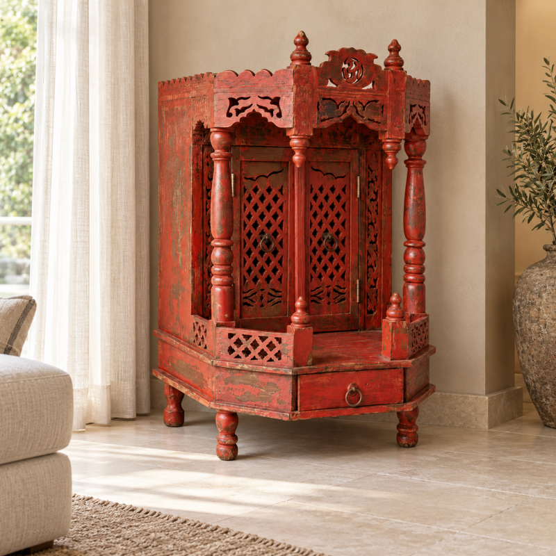 Carved Wooden Mandir Temple – Red