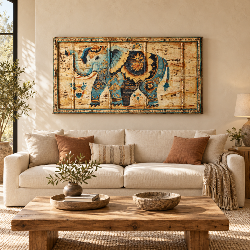 Hand-Painted Elephant Wall Panel