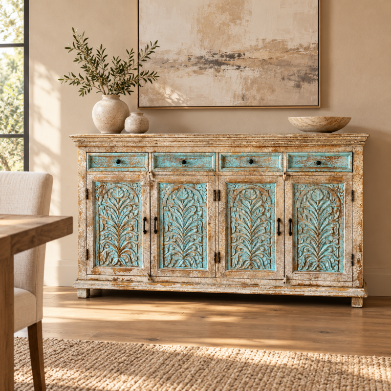 Four-Door Jali Sideboard with Drawers – Turquoise Patina