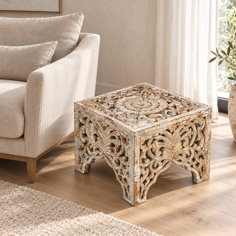 Carved Cube Side Table – Whitewashed Wood