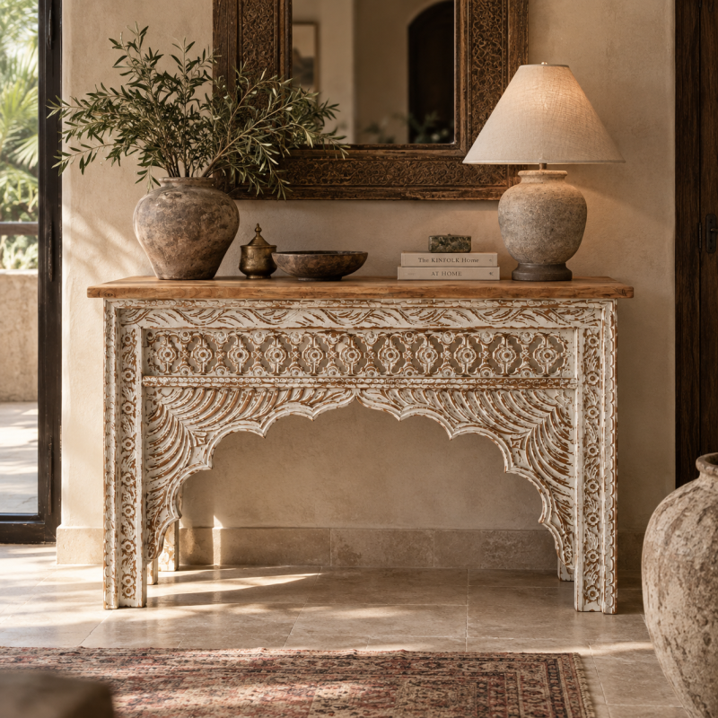 Hand-Carved Arch Console Table – Whitewashed Wood