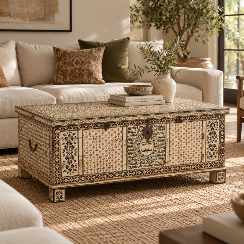Bone Inlay Trunk Table with Metal Hardware