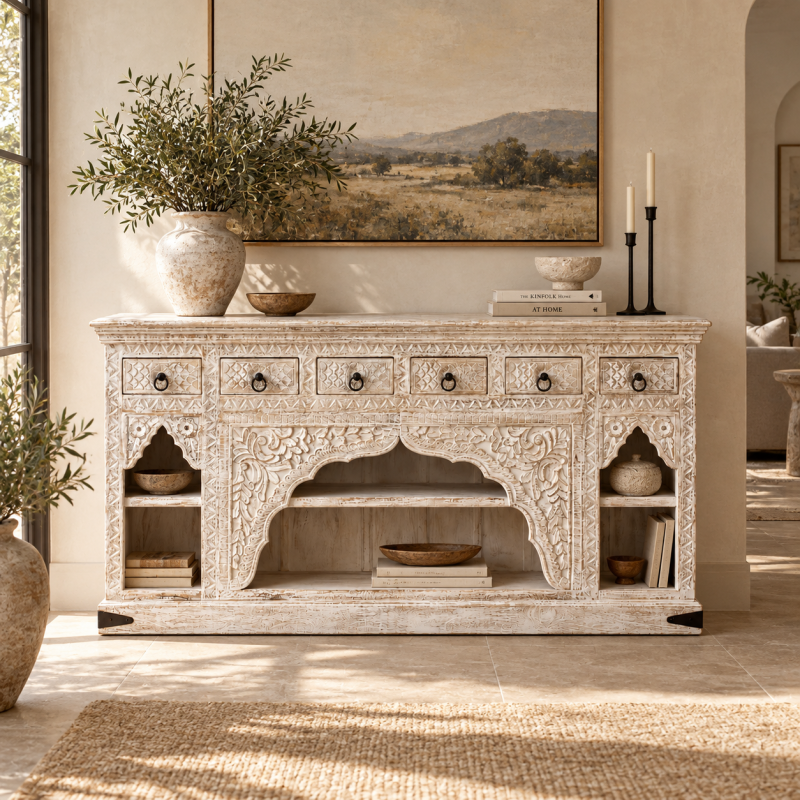 Arched Niche Sideboard with Carved Drawers 