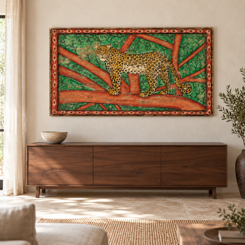 Hand-Painted Leopard in Tree Wall Panel
