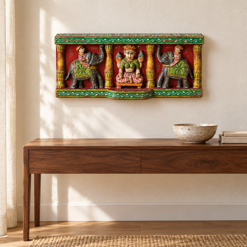 Hand-Painted Elephant & Deity Wall Panel