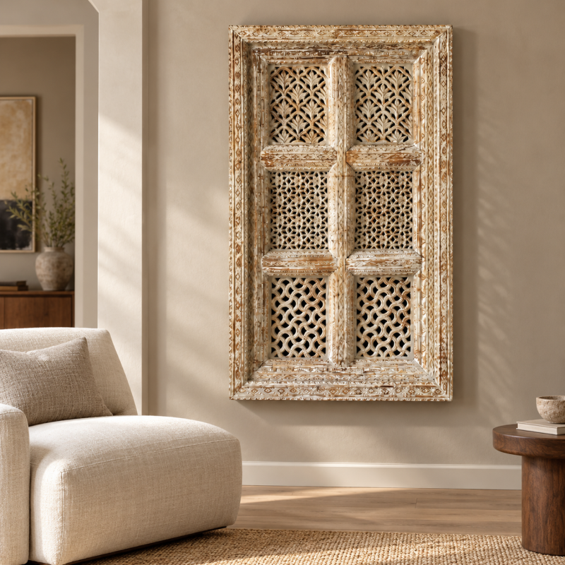 Jali Window Panel – Whitewashed Wood