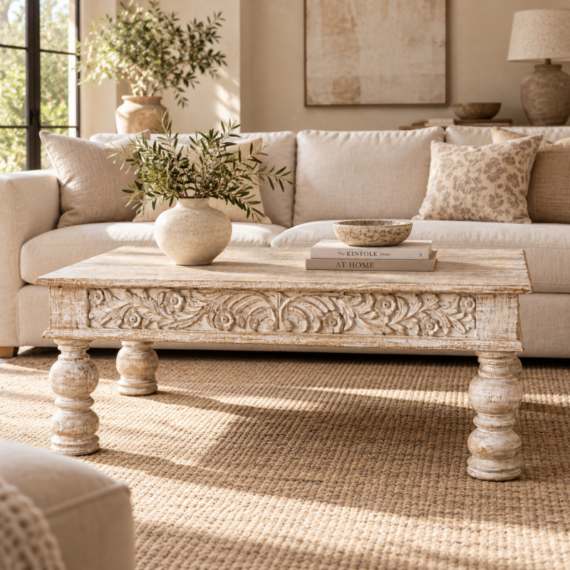 Carved Coffee Table with Turned Legs 