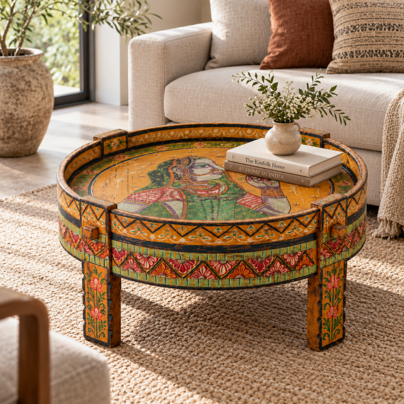 Hand-Painted Floral Millstone Table