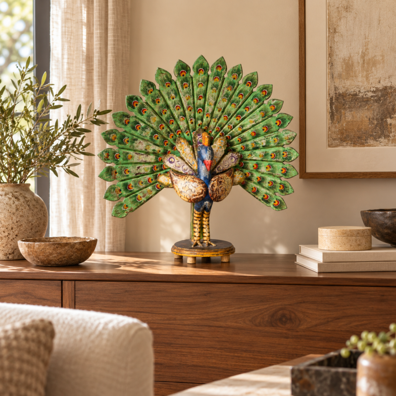Wooden Peacock Sculpture – Green Tones