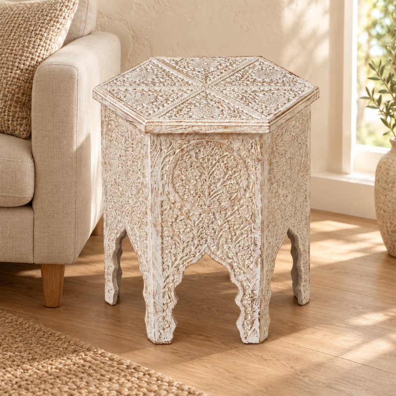 Hexagonal Carved Side Table