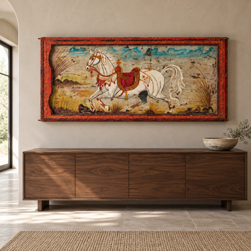 Hand-Painted Horse Wall Panel – Red Frame