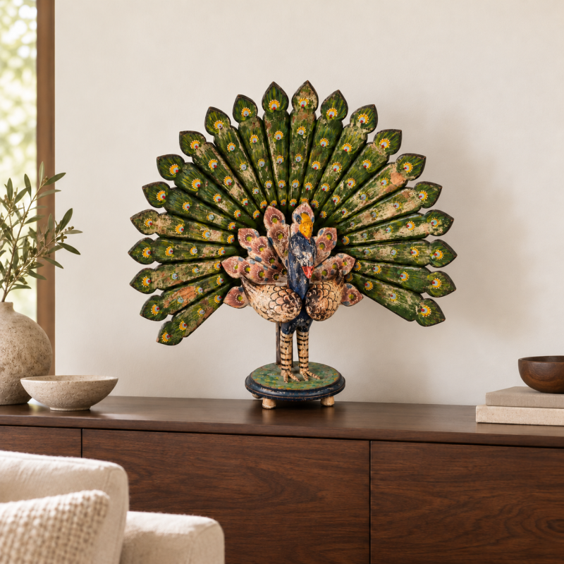 Carved Wooden Peacock – Multicolour