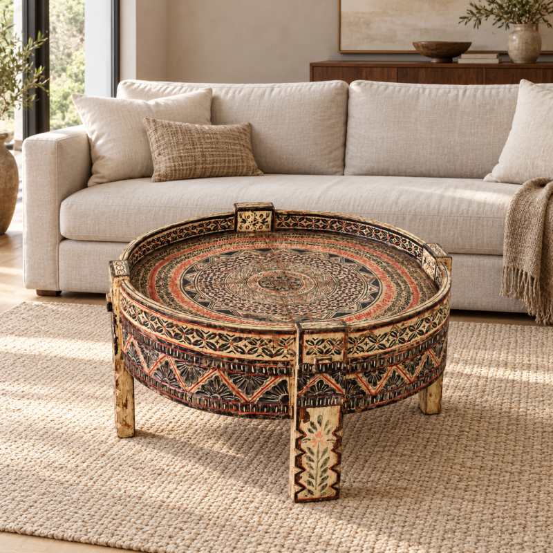 Hand-Painted Chakki Millstone Coffee Table
