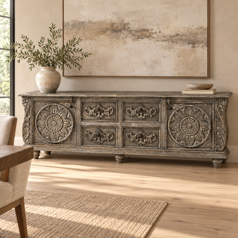 Carved Medallion Media Console – Grey Patina