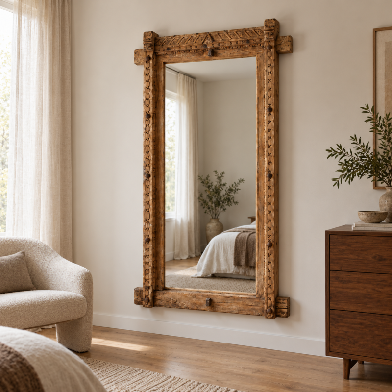 Rustic Beam-Frame Mirror – Natural Wood