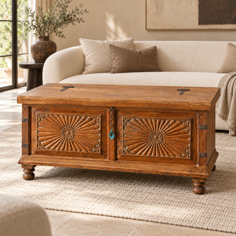 Sunburst Carved Storage Trunk – Natural Wood