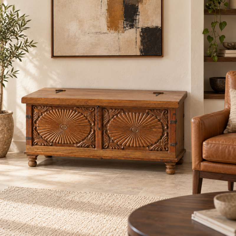 Sunburst Carved Storage Trunk – Dark Natural Wood