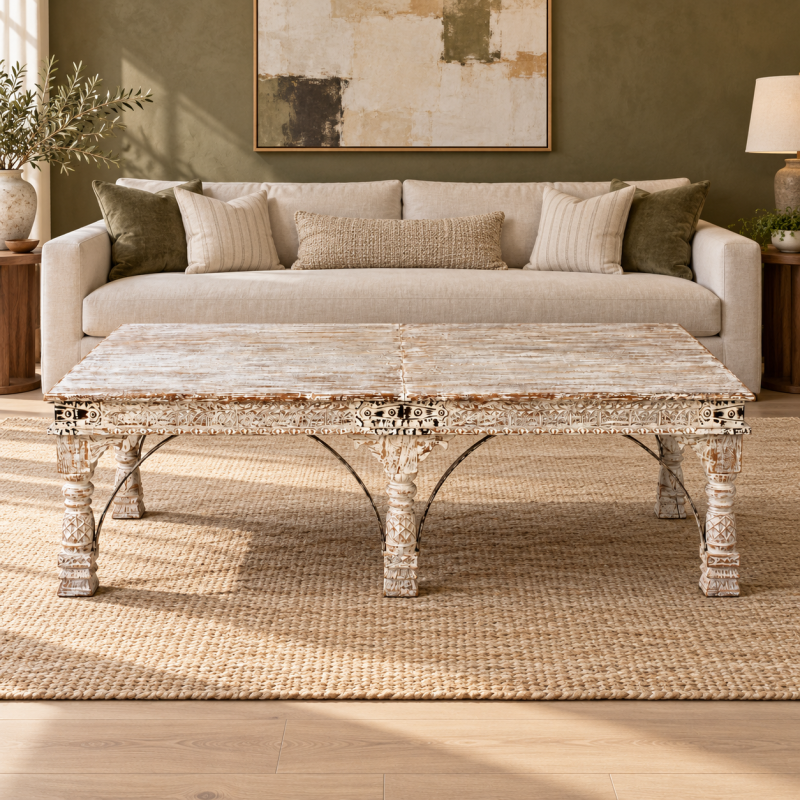 Large Carved Arch Coffee Table – Aged Wood