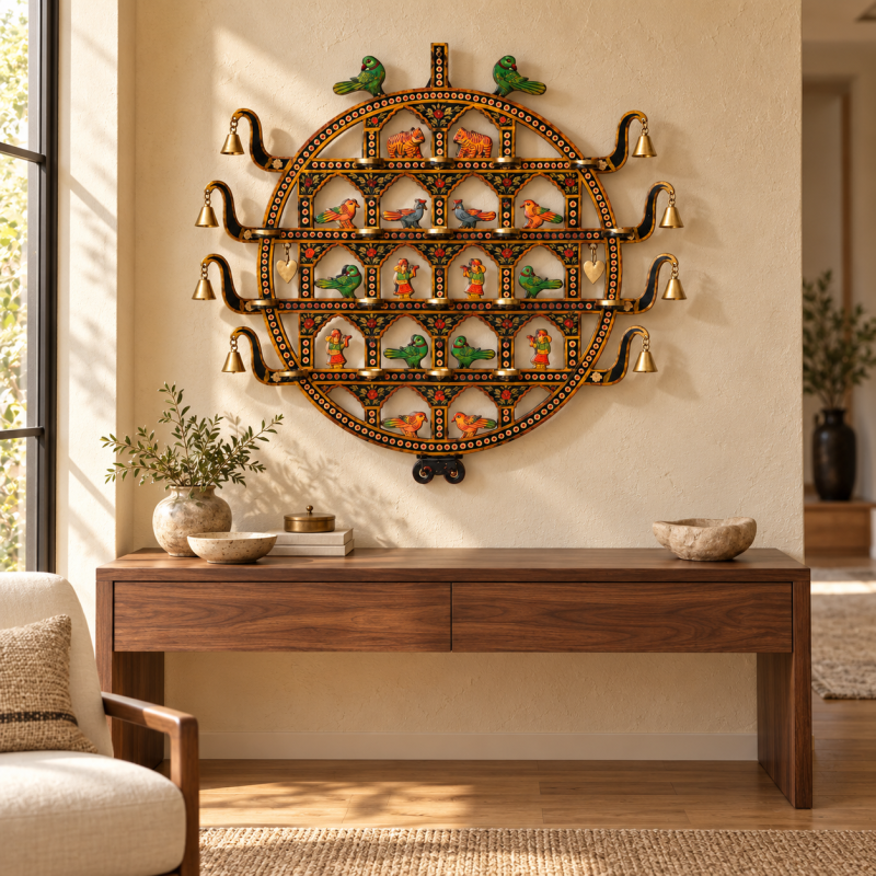 Round Toran Wall Hanging with Bells – Olive Gold