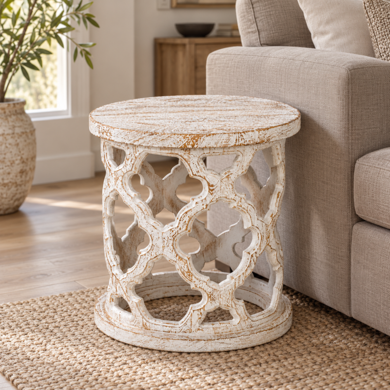 Round Jali Stool – Whitewashed Wood