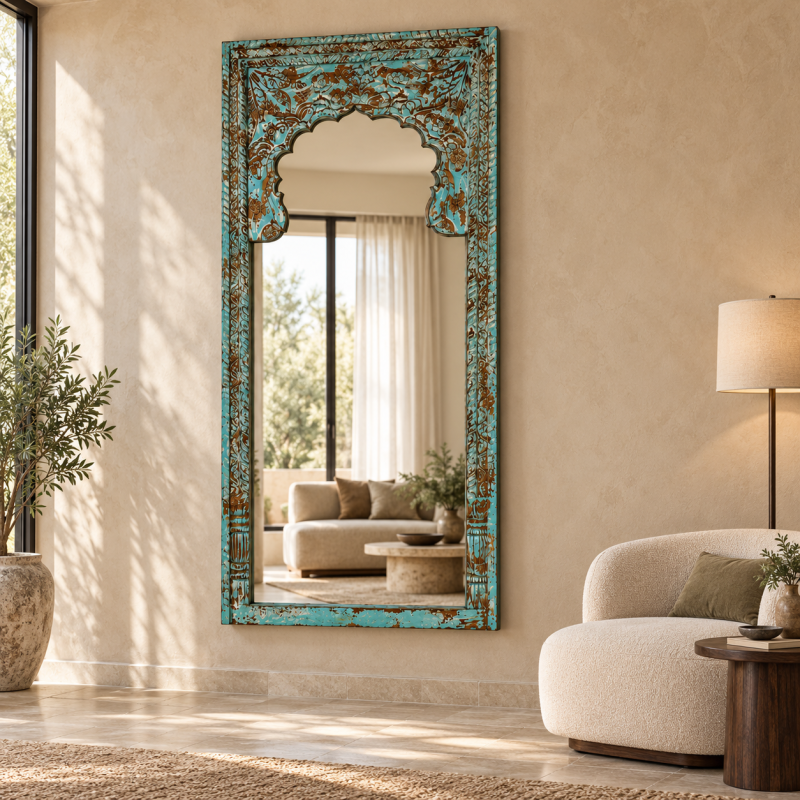 Indian Carved Arch Mirror – Turquoise Patina