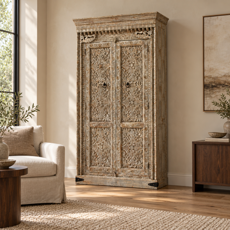 Carved Almari Cabinet – Whitewashed Wood