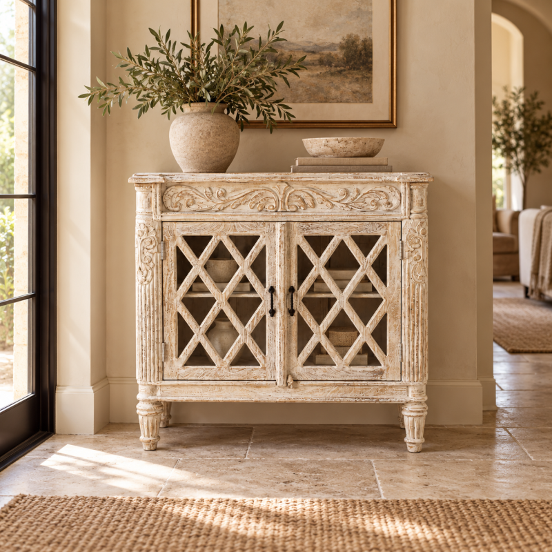 Diamond Lattice Two-Door Cabinet – Whitewashed Wood
