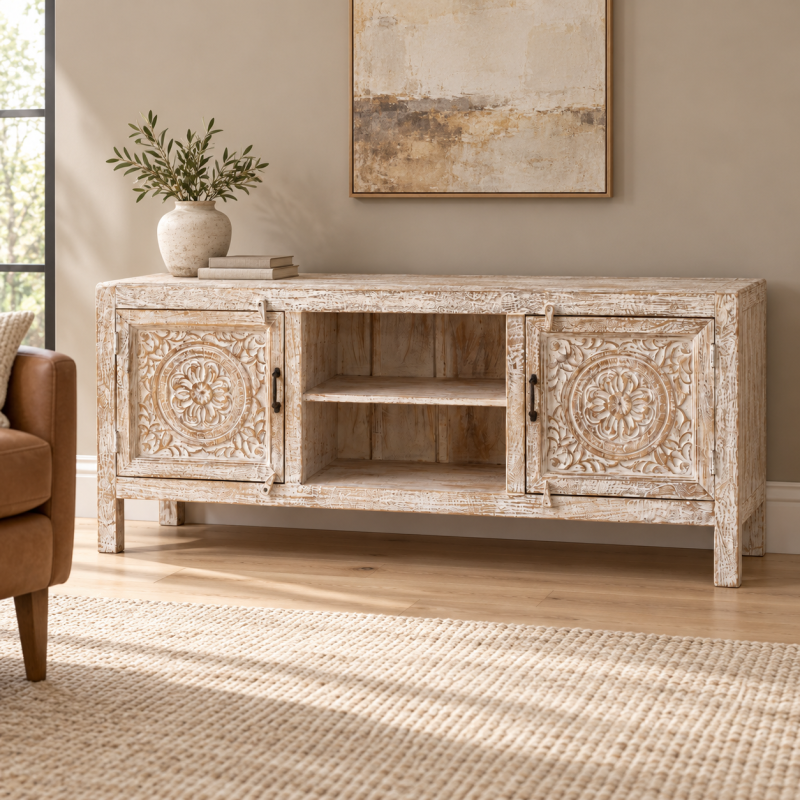 Compact Carved Media Console – Whitewashed Wood