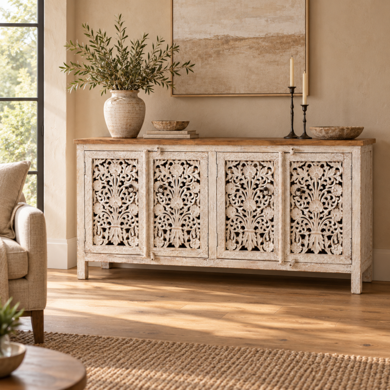 Floral Jali Sideboard – Whitewashed Wood