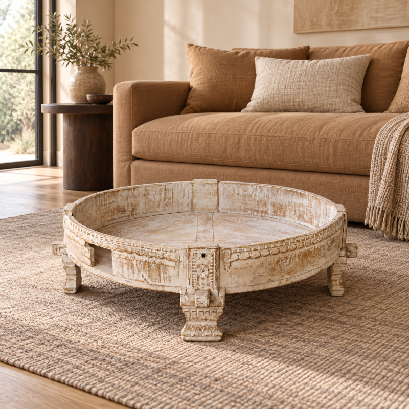 Low Chakki Millstone Table – Whitewashed Wood