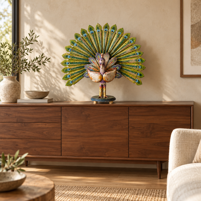 Hand-Painted Wooden Peacock – Gold & Green