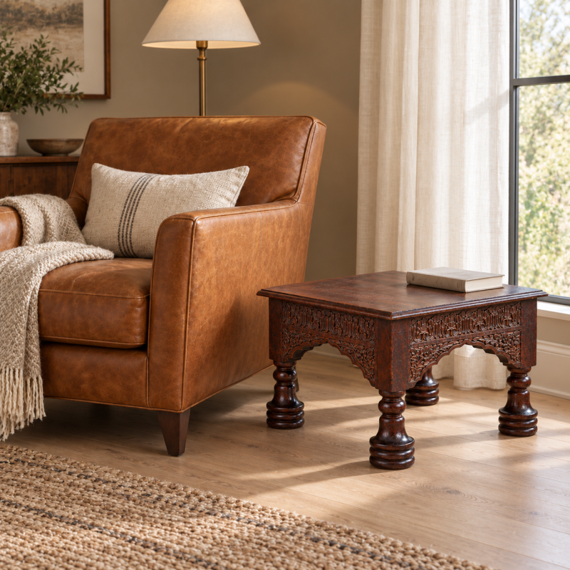 Carved Side Table with Turned Legs – Dark Wood
