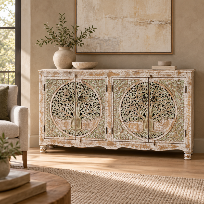 Tree of Life Jali Sideboard – Grey Whitewash