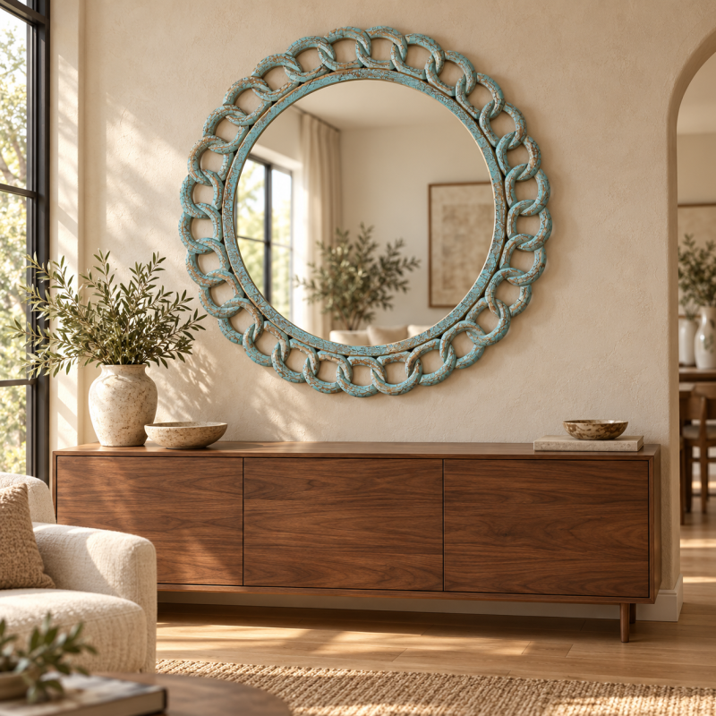 Round Chain-Link Mirror – Turquoise Patina