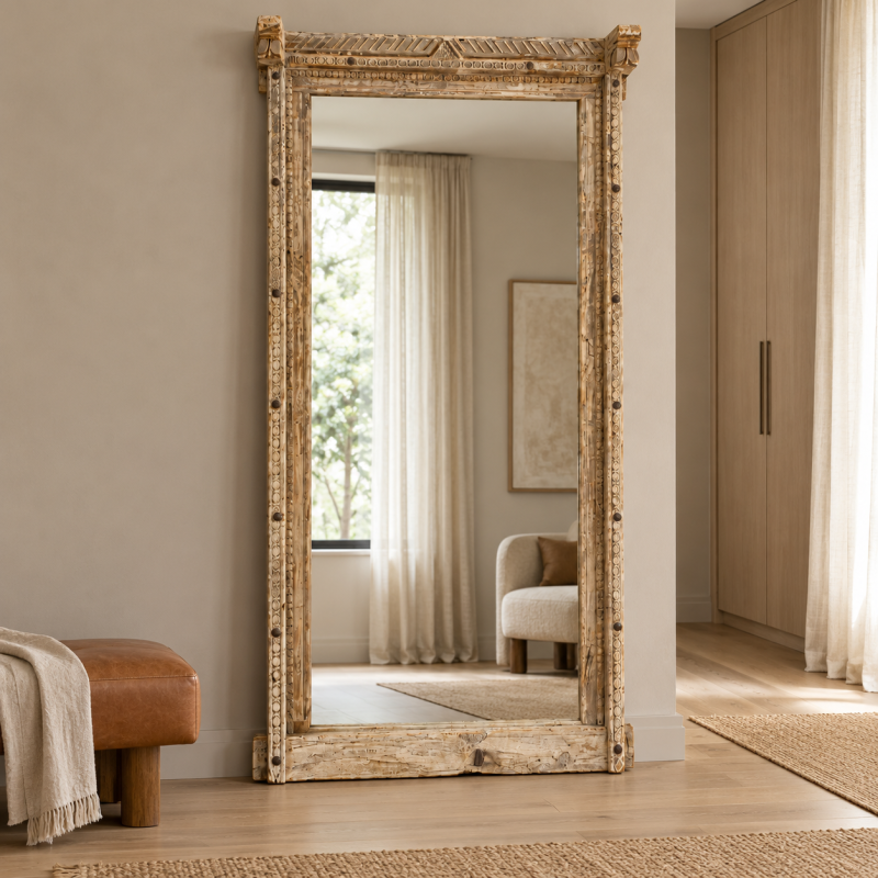Rustic Pillar-Frame Mirror – Aged Wood