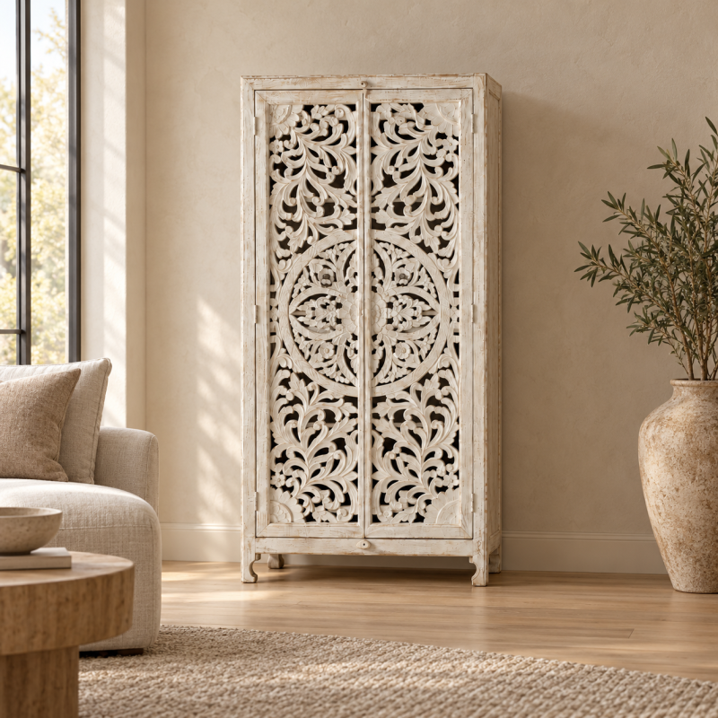 Slim Jali Almari Cabinet – Whitewashed Wood