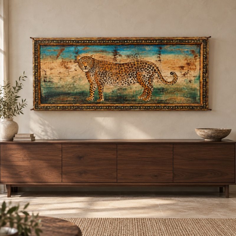Hand-Painted Prowling Leopard Wall Panel