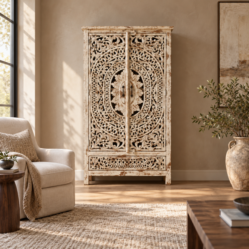 Two-Door Mandala Jali Almari – Whitewashed Wood